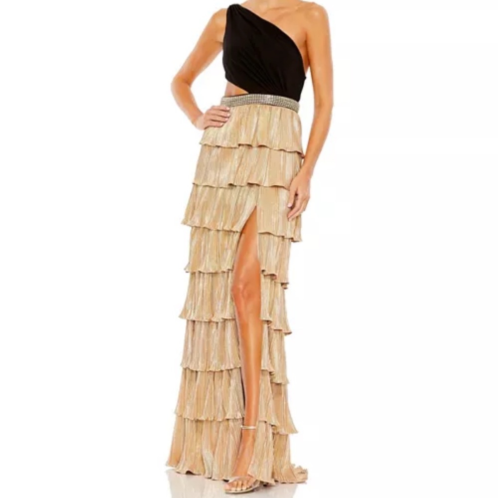 Mac Duggal Black and Gold One Shoulder Dress 26742